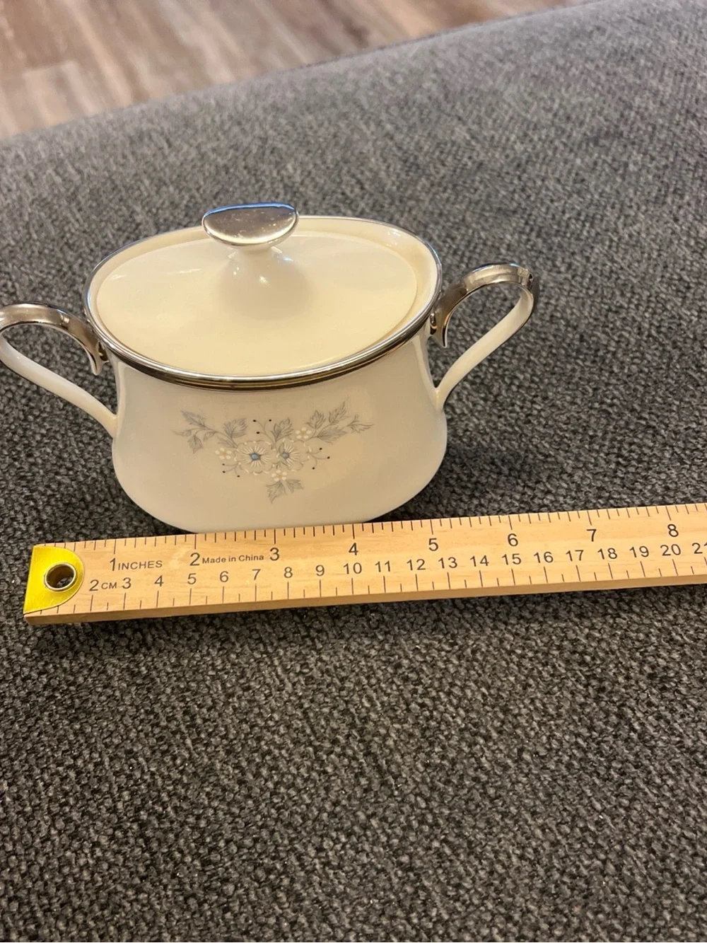Lenox White Porcelain Covered Sugar Bowl with Blue Floral Motif and Silver Trim
